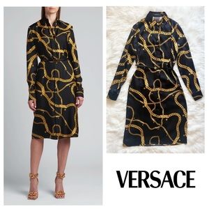 New! VERSACE Greca Chain Medusa Logo Belted Shirt Midi Dress IT 38